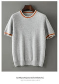 Men's short sleeve pure wool sweater in round neck pullover style, shown in grey