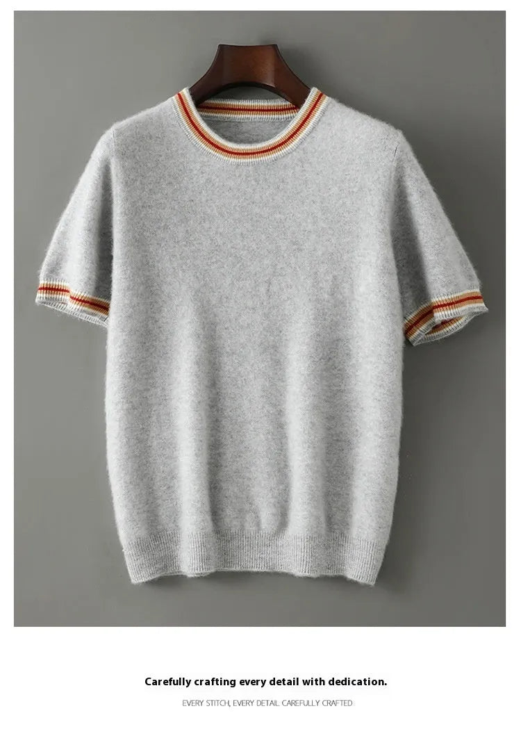 Men's short sleeve pure wool sweater in round neck pullover style, shown in grey