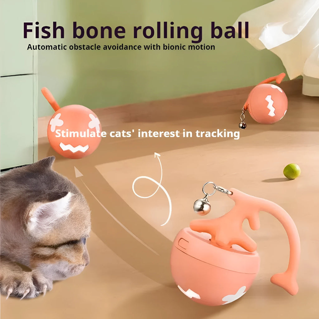 USB electric cat teasing ball toy with fish bone rolling ball design in blue, pink or yellow colours