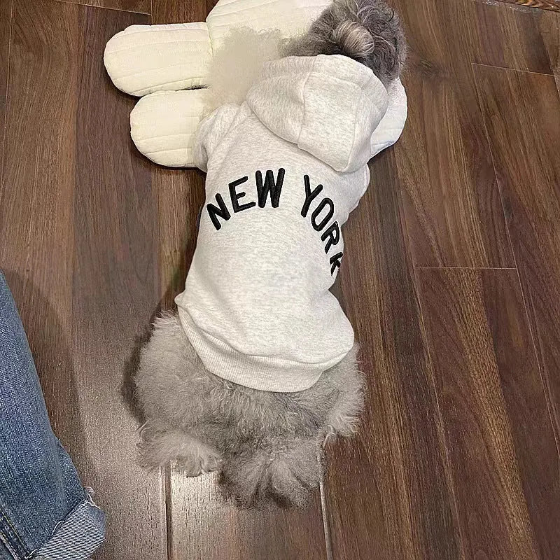 Light gray retro dog hoodie in polyester, pet clothing available in sizes S to 2XL