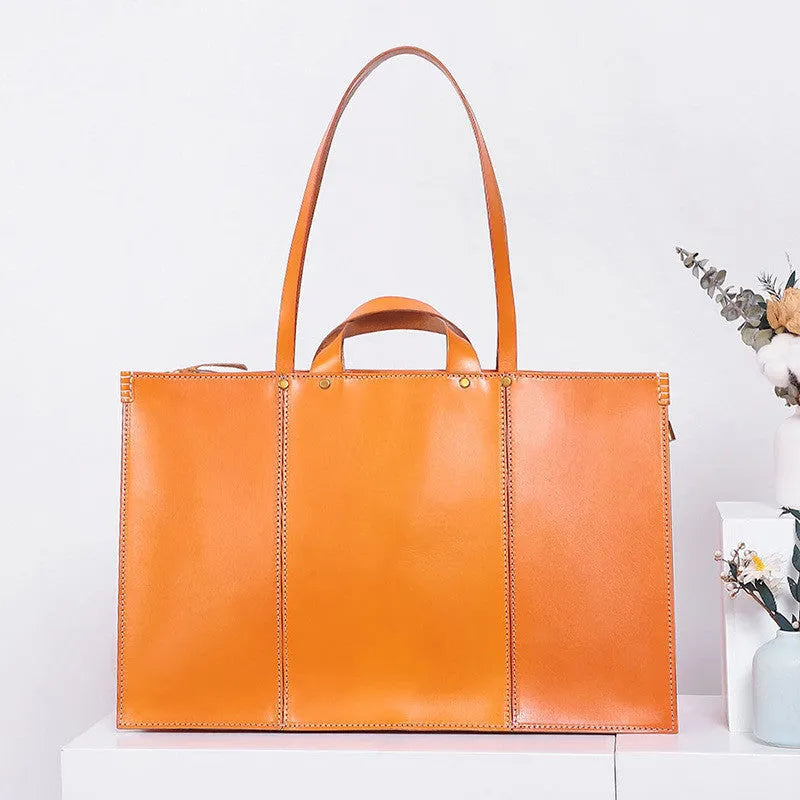 European and American retro vegetable tanned cowhide leather large capacity tote handbag