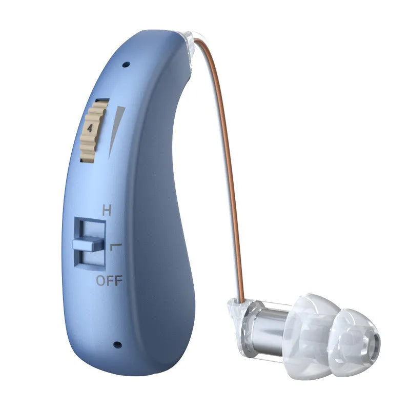 Black USB rechargeable behind-the-ear hearing aid with microphone, amplifier, speaker and volume control for elderly users