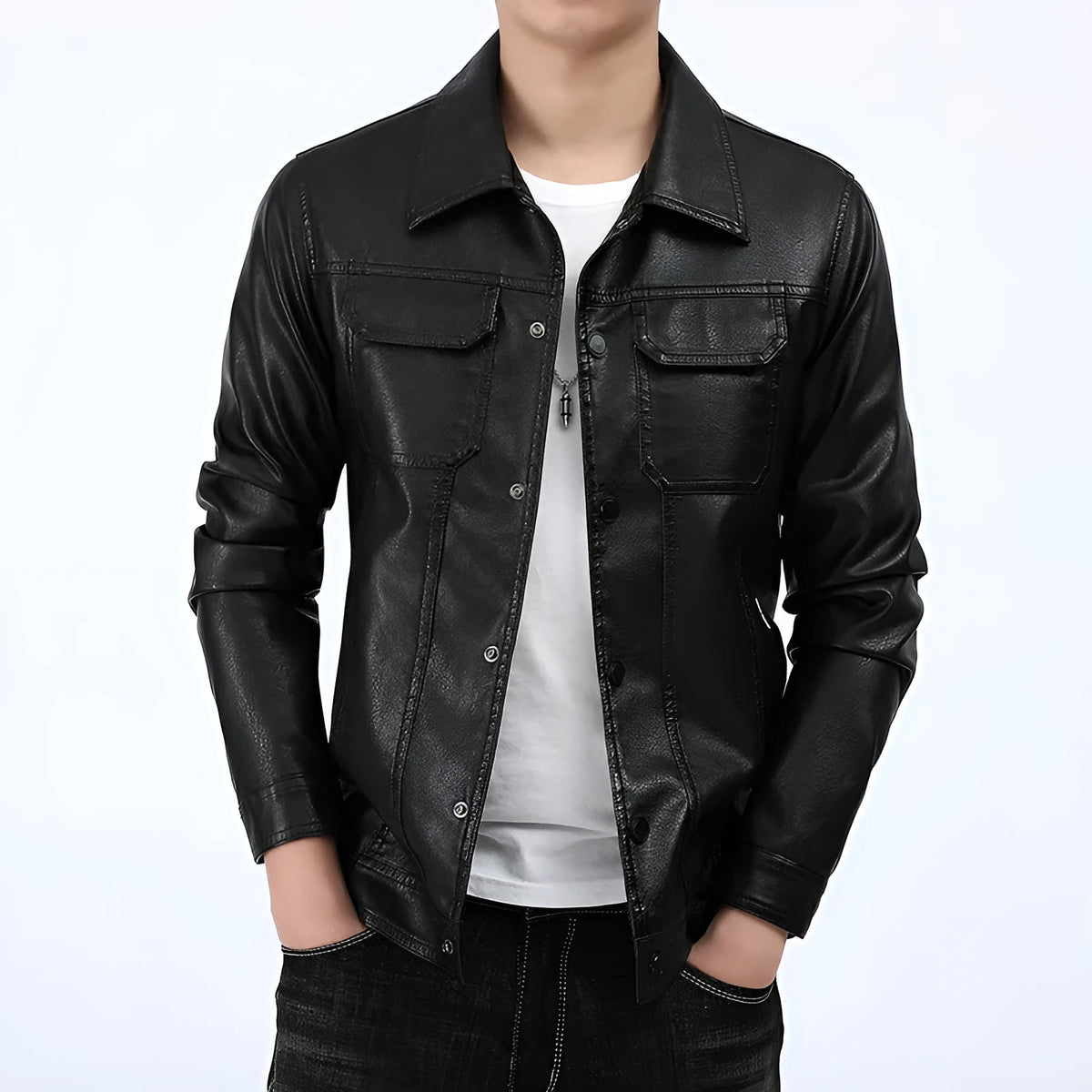 Men's spring autumn polyester workwear leather jacket black front view