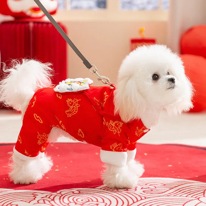 Lion dance pet jumpsuit in red with faux fur trim and leash ring, four-legged cotton jacket for dogs and cats.