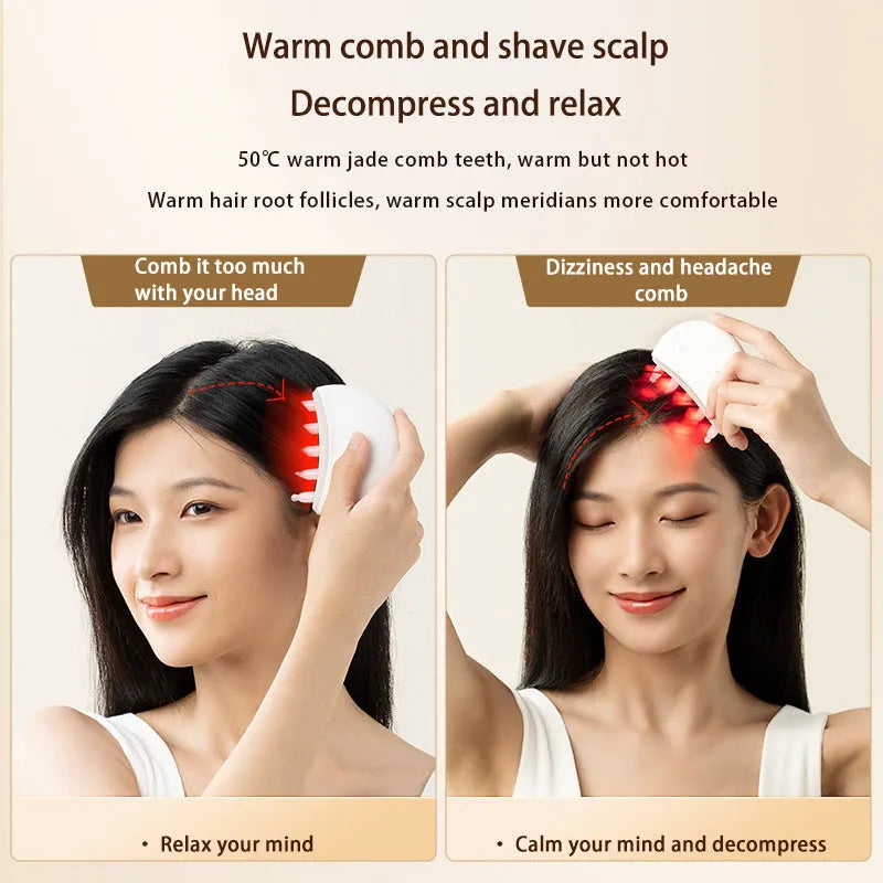 White electric moon comb with jade scalp massage surface and USB power, three gear settings.