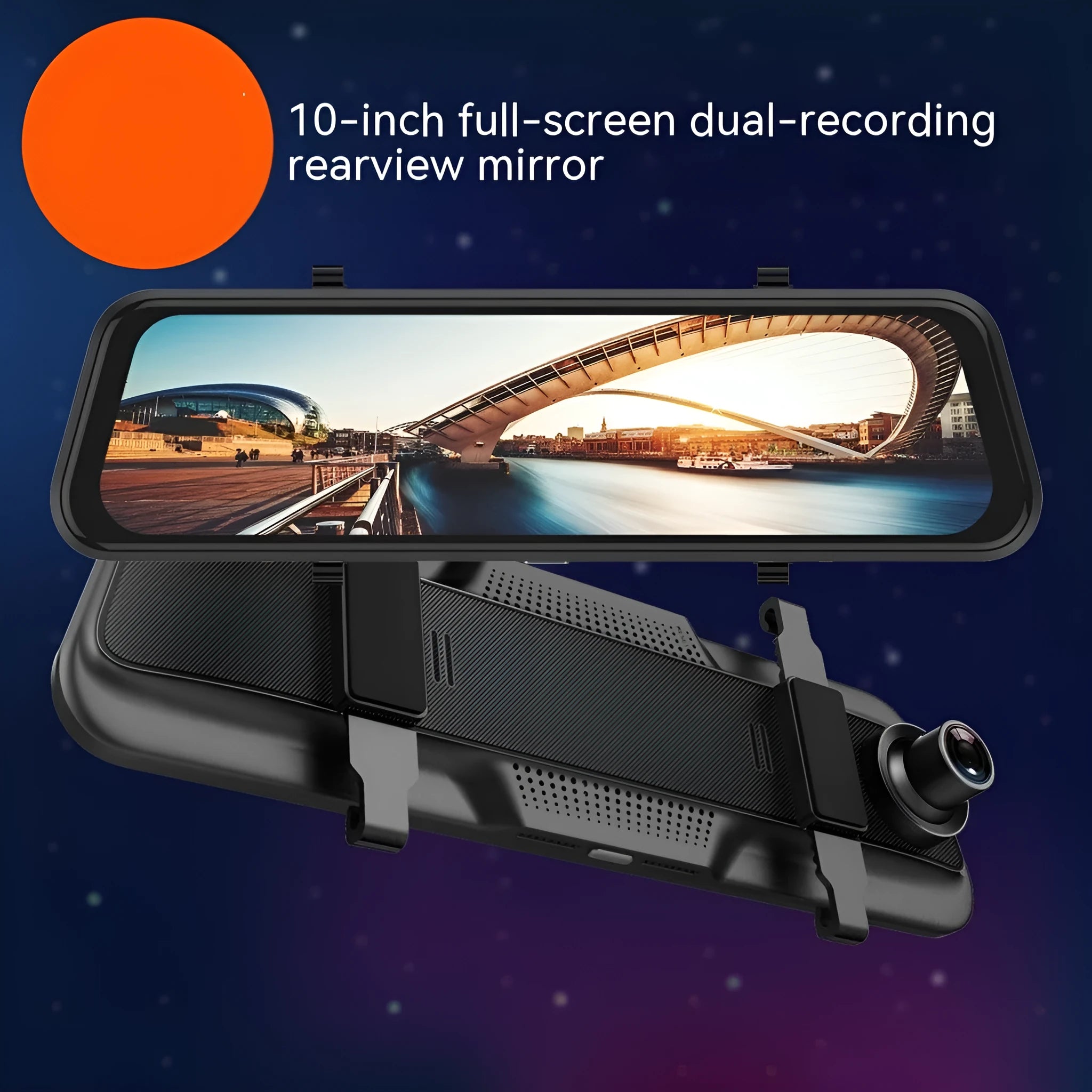 Black rearview mirror style driving recorder with large touch screen display mounted in a car