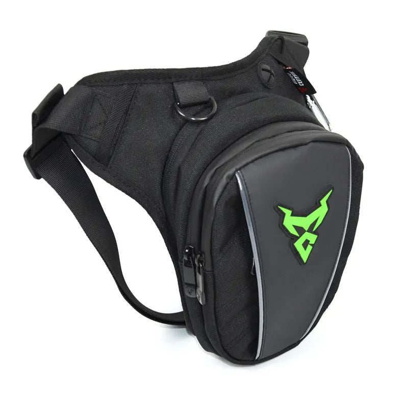 0105MC motorcycle leg bag in 1200D Oxford cloth shown in red, blue, green, and grey colour options