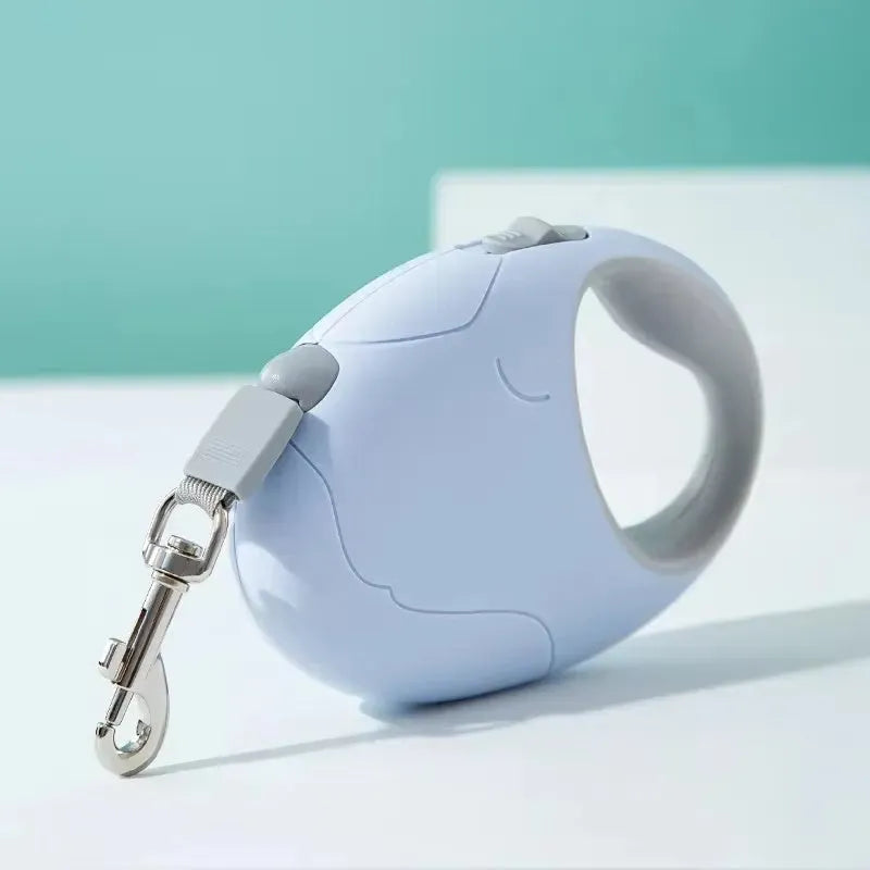 Retractable dog leash with nylon rope and plastic casing, in Blue, Pink, or White, sizes S and L.