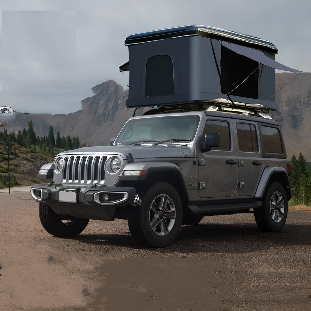 Black and dark grey car roof tent with aluminium alloy poles, 210x132x110cm open size, double layer Oxford cloth