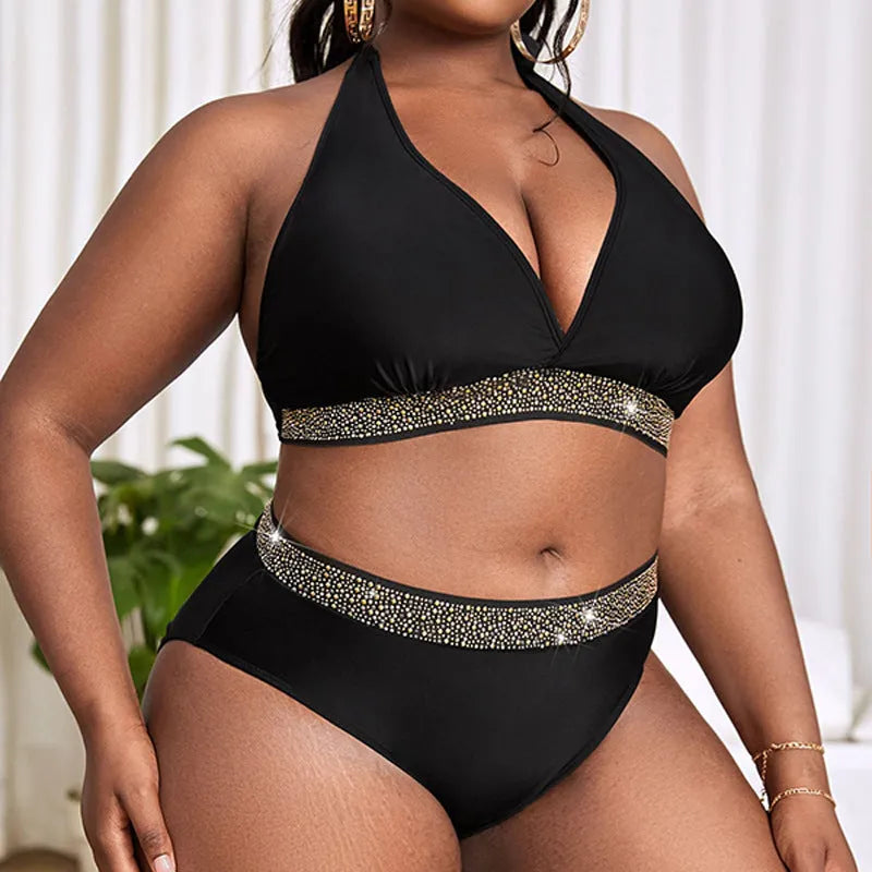 Black plus size women's bikini swimsuit with bra and shorts in polyester fabric