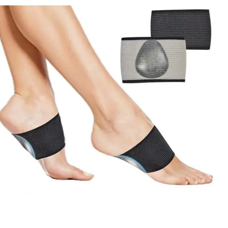 A pair of white elastic foot bandages with a central heart-shaped pad for arch support, on a plain background.