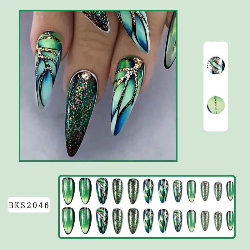 Almond-shaped rainbow nail stickers with colourful plaid lines and French ripple patterns in European square style