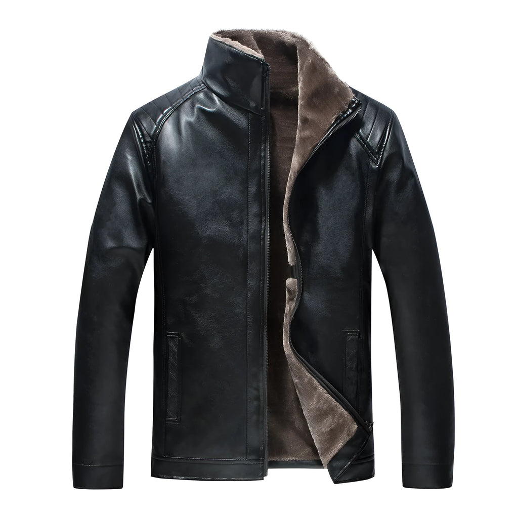 Men's black stand collar PU leather jacket with zip front, medium length, sizes 50 to 60