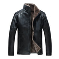 Men's black stand collar PU leather jacket with zip front, medium length, sizes 50 to 60