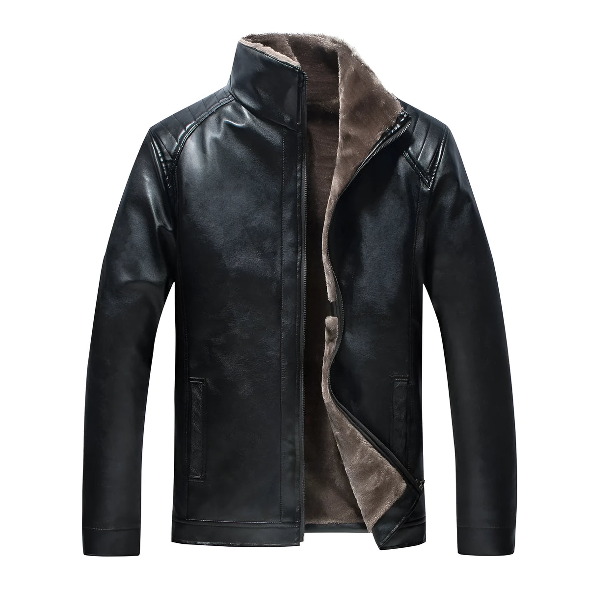 Men's black stand collar PU leather jacket with zip front, medium length, sizes 50 to 60