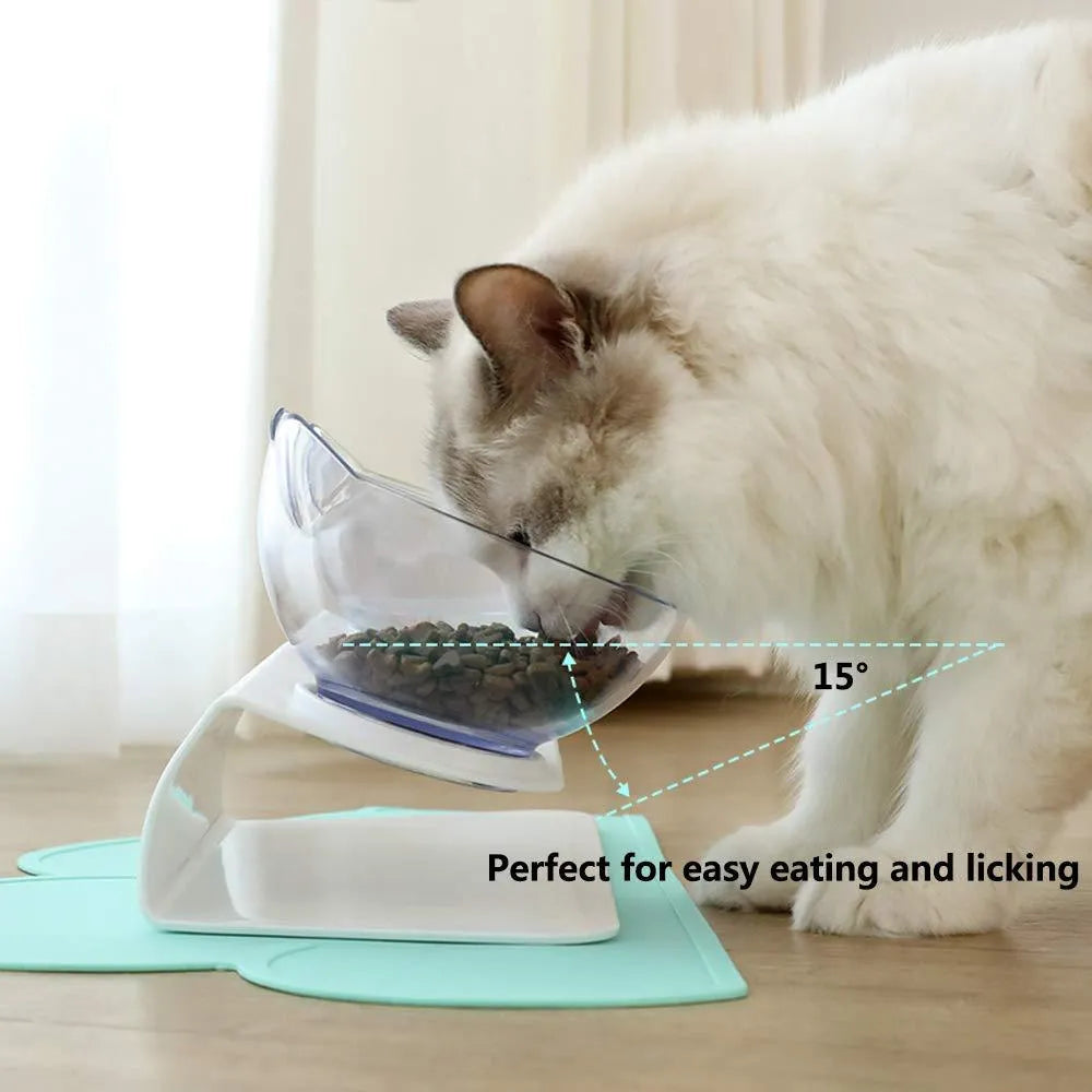 Non slip double cat bowl with raised stand, 15° tilted transparent pet feeder for cats and dogs