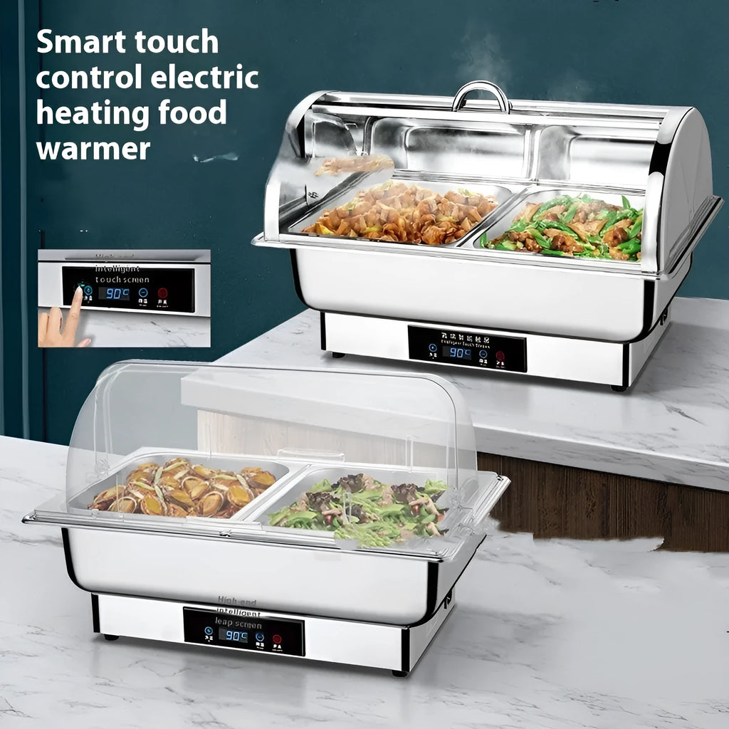 Stainless steel electric buffet stove with transparent flip lid and LCD temperature control screen.