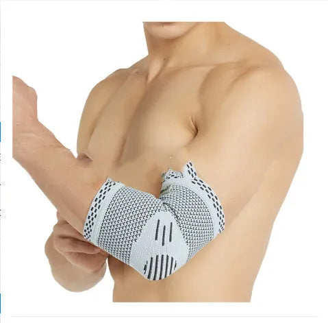 Nylon jacquard sports elbow guard in black, grey or green, sizes S to XL, single elbow protection strap