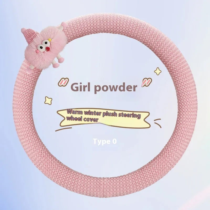 Car plush polo cartoon steering wheel cover in soft short plush material with 38cm diameter in multiple colour options