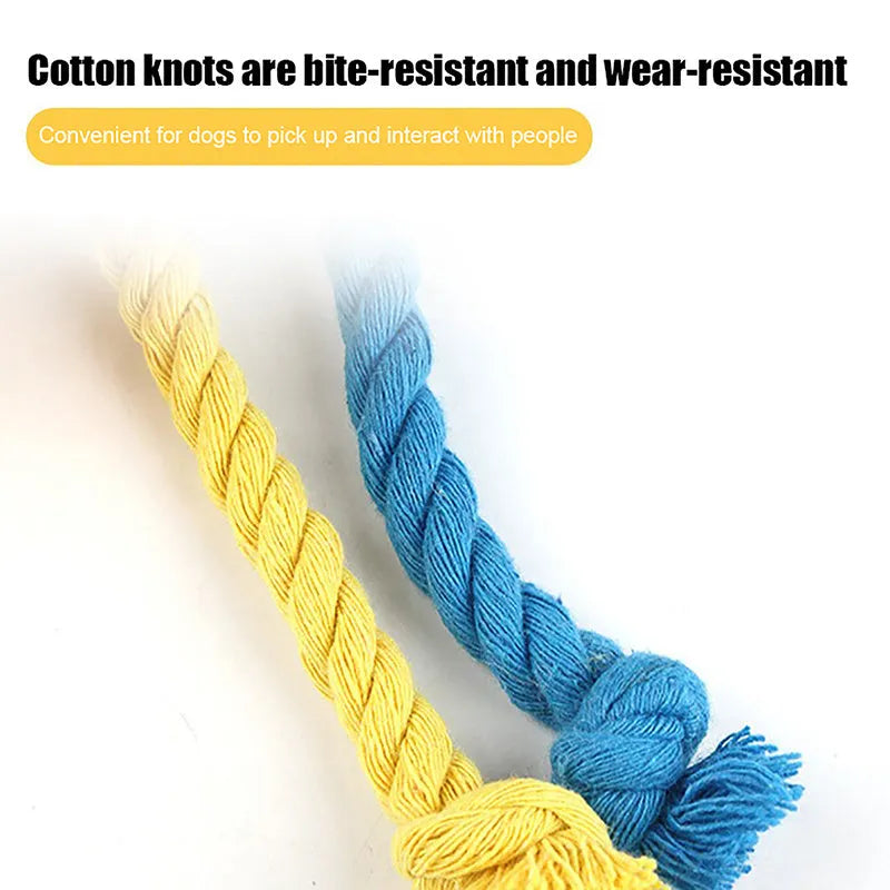 Blue and yellow elastic football dog toy with attached cotton rope for tug-of-war