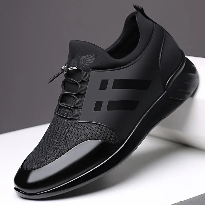 Men's black casual shoe with concealed height increase heel, available in leather, mesh, and Lycra materials.
