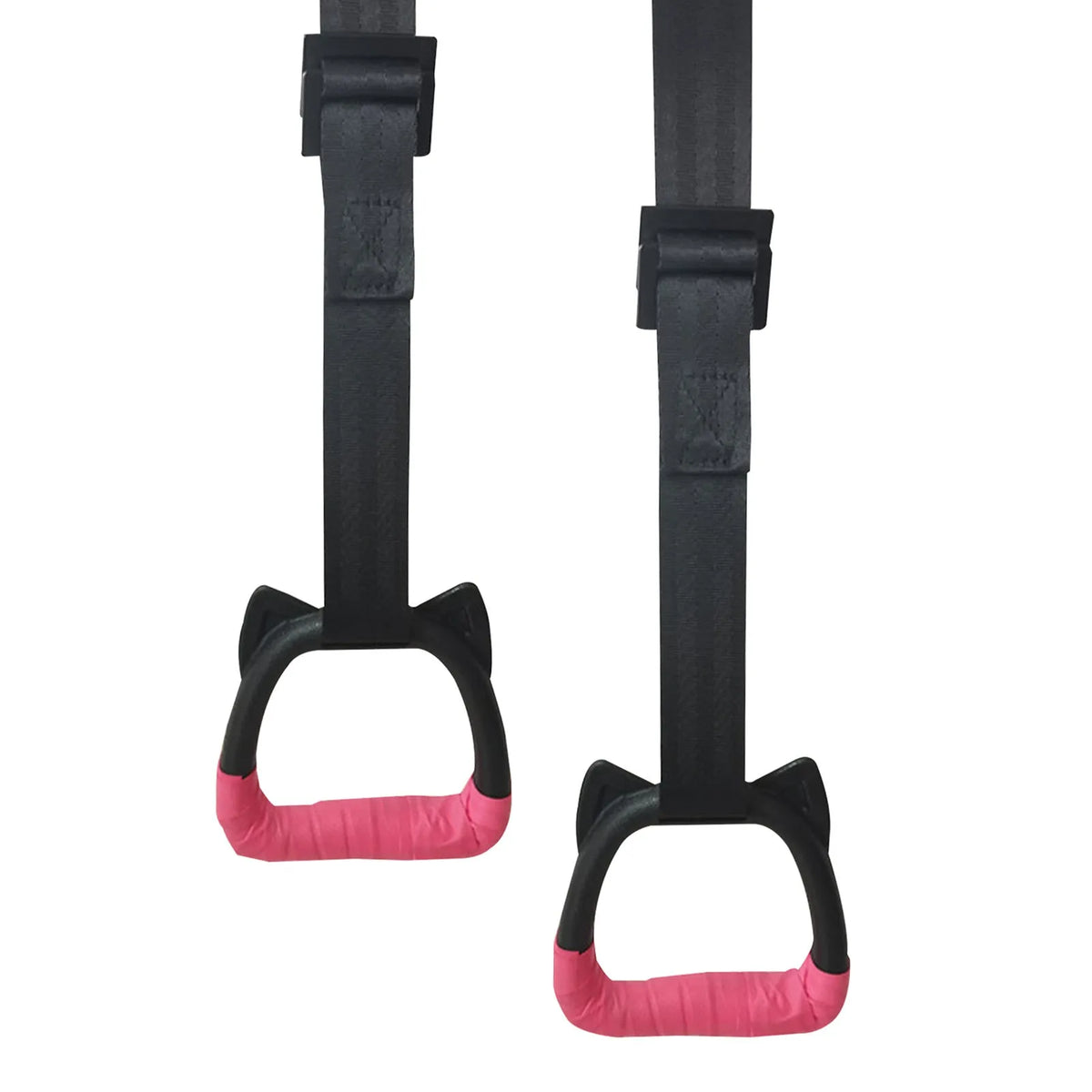 Pair of kids gymnastic rings with black PP handles, 1m or 2m webbing straps, and hand glue