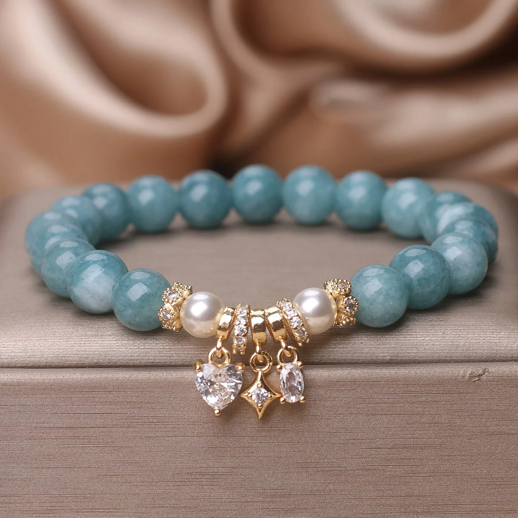 Blue water jade agate bracelet for women with heart-shaped zircon XINGX pendant, ethnic style handmade jewellery