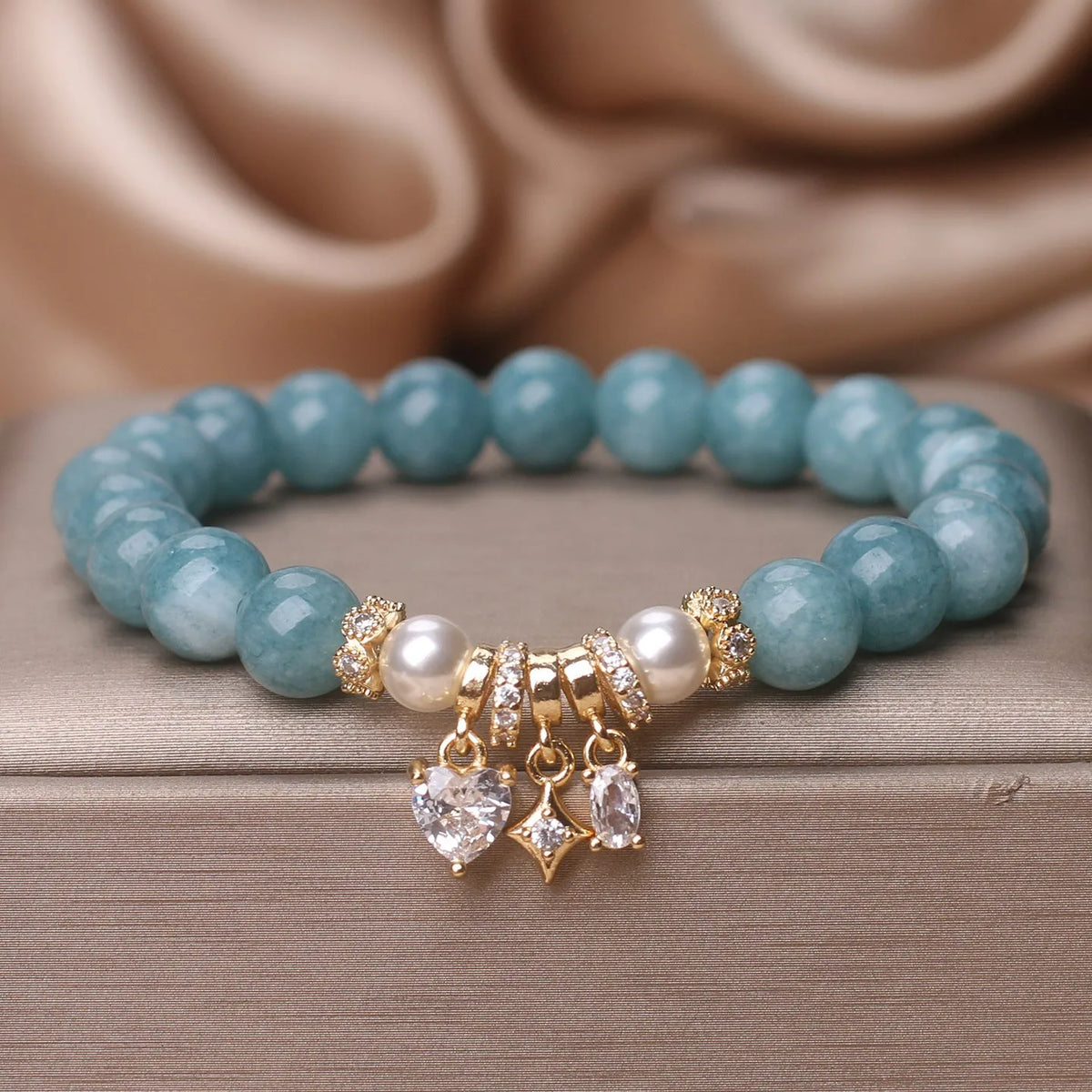 Blue water jade agate bracelet for women with heart-shaped zircon XINGX pendant, ethnic style handmade jewellery