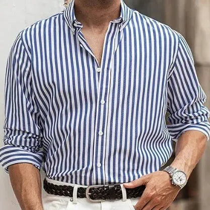 Men's casual stripe button shirt in loose cardigan style, polyester long sleeve, available in Khaki