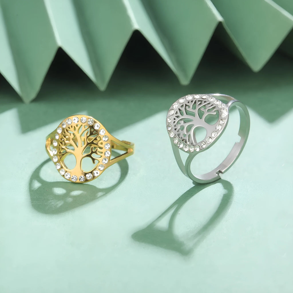 Stainless Steel Spot Drill Hollow Tree Open Ring for Women Men - Adjustable Nature-Inspired Finger Ring in Gold or Steel Colour Electroplated Finish Jewellery Gift