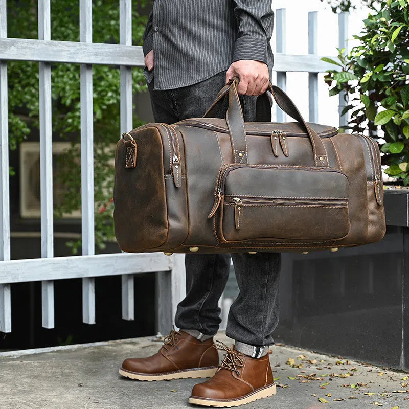 Men's dark brown genuine leather crossbody bag, 22 inches, with stitched seams and adjustable shoulder strap