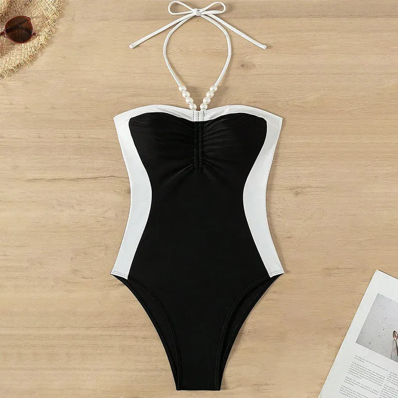 Pearl spaghetti straps one-piece swimsuit for women in black and white colour options