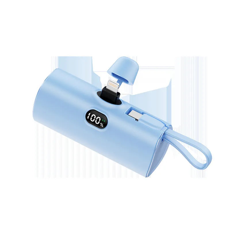 Capsule digital display wireless pocket power bank showing five colour options with integrated plug