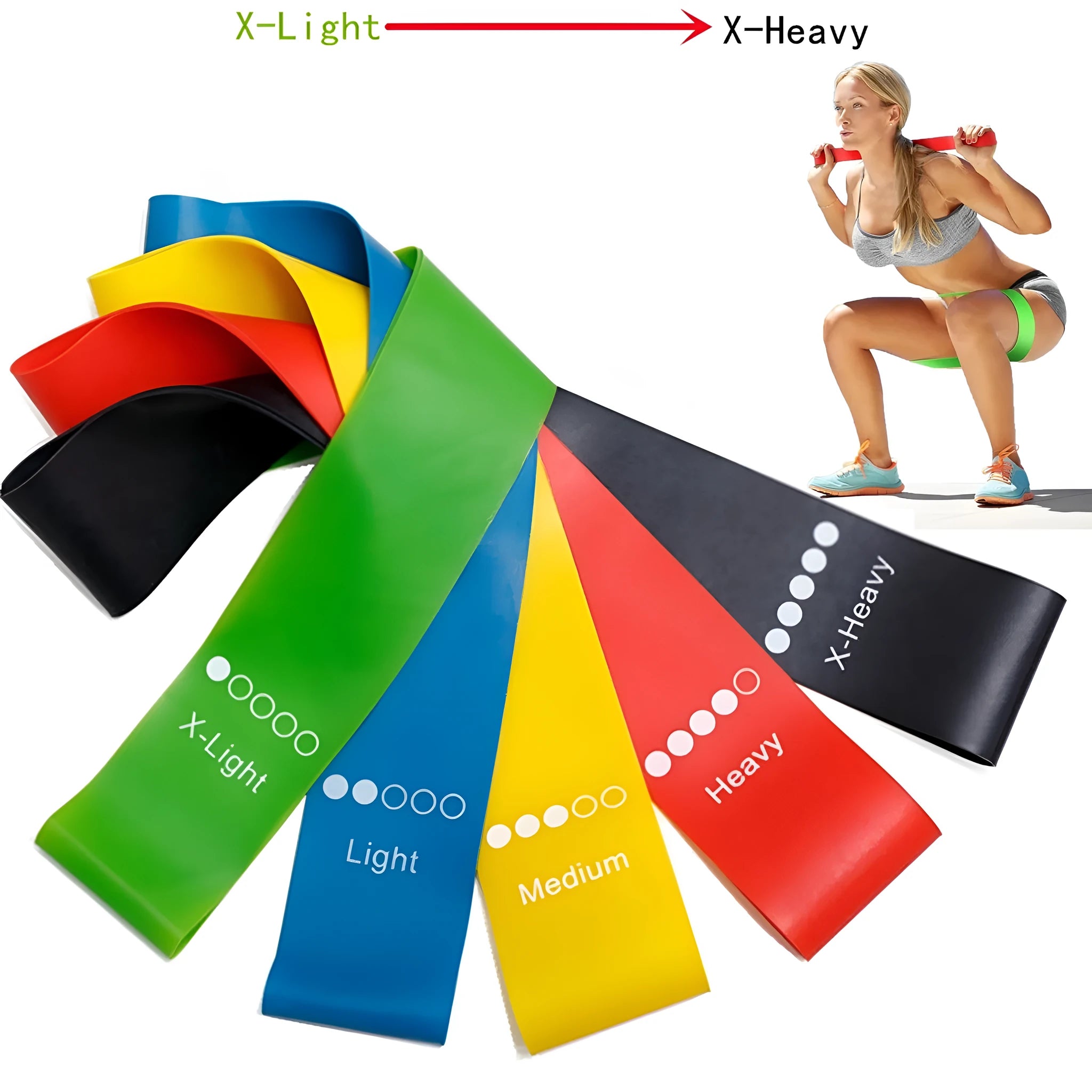 Set of five coloured TPE yoga tension resistance bands with force marks, laid flat showing different thicknesses.