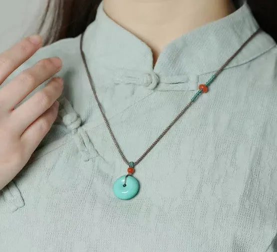 Natural turquoise peace buckle pendant necklace, 25mm round green polished turquoise pendant