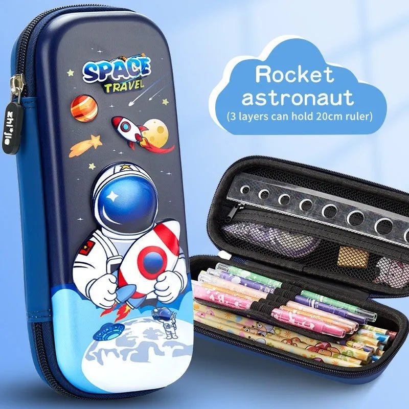 3D leather pencil case showing multiple design options including space, fantasy and animal themes