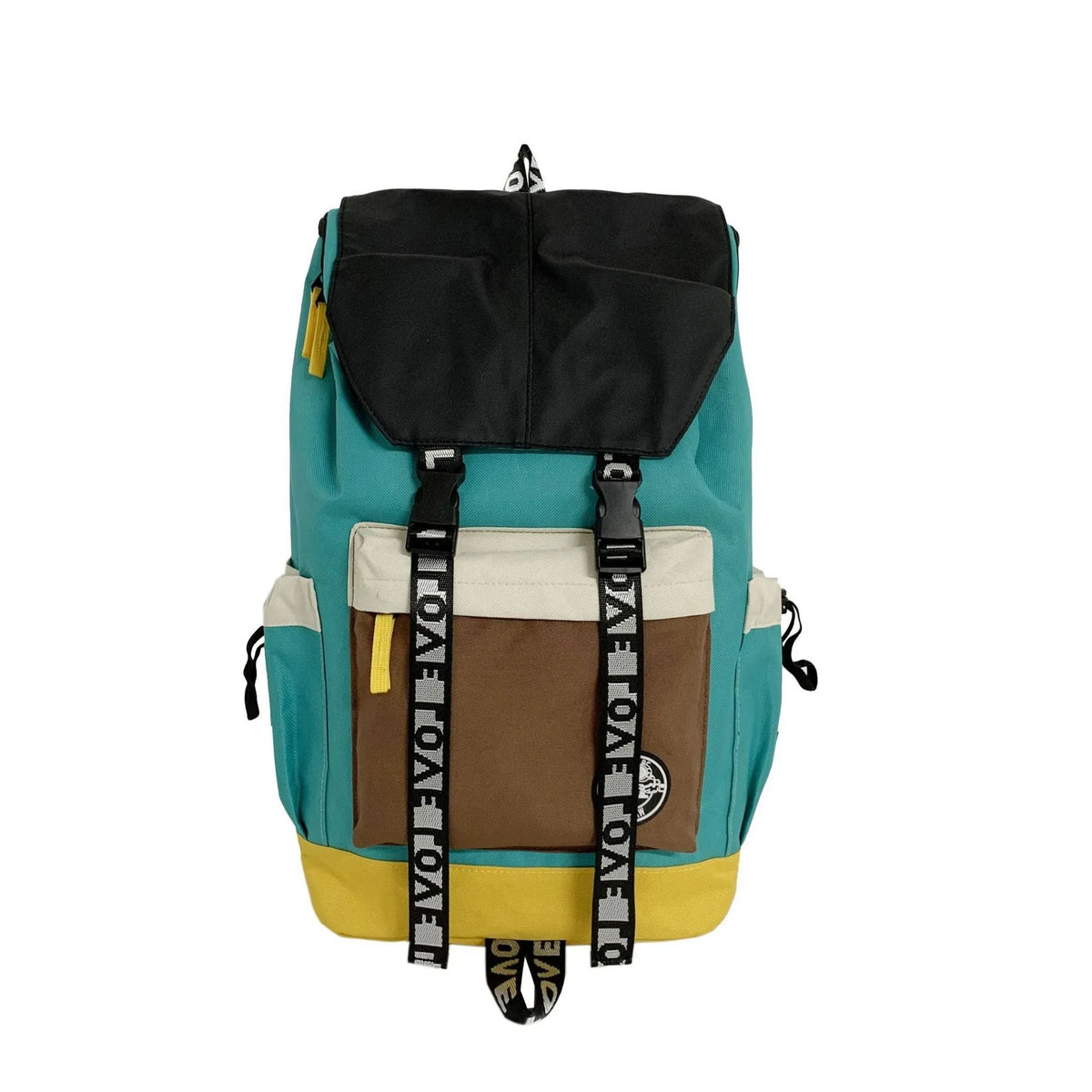 Oxford cloth backpack shown in black, green or red with handheld and shoulder straps.