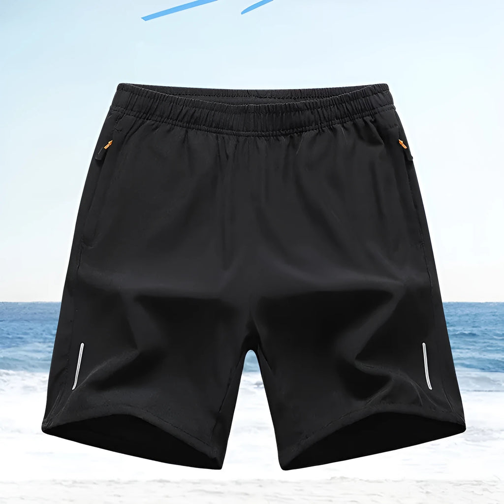 Men's thin polyester athletic shorts for summer, straight-leg sports style, in black grey blue army green khaki.