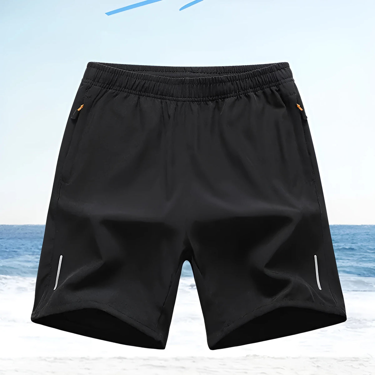 Men's thin polyester athletic shorts for summer, straight-leg sports style, in black grey blue army green khaki.