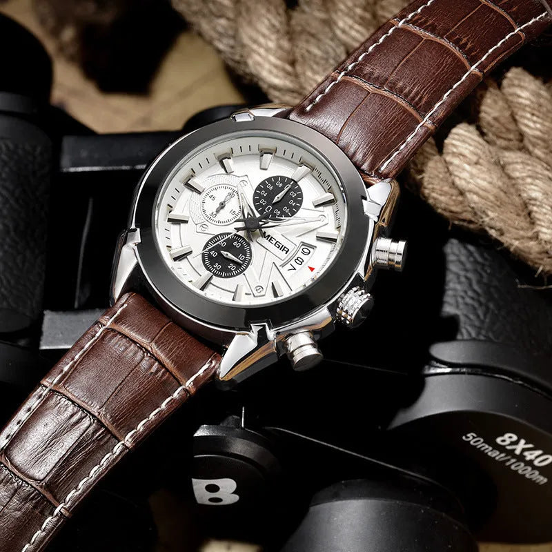 Men's quartz chronograph watch with three-eye dial showing six luminous hands on black or brown background