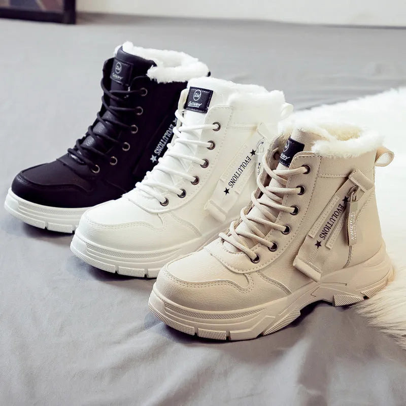 Plus size women's snow boot in black with velvet lining, showing mid-calf height and front lace-up.