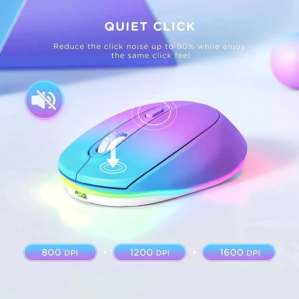 Lightweight 24g wireless rechargeable mouse in multiple colours next to its USB charging cable