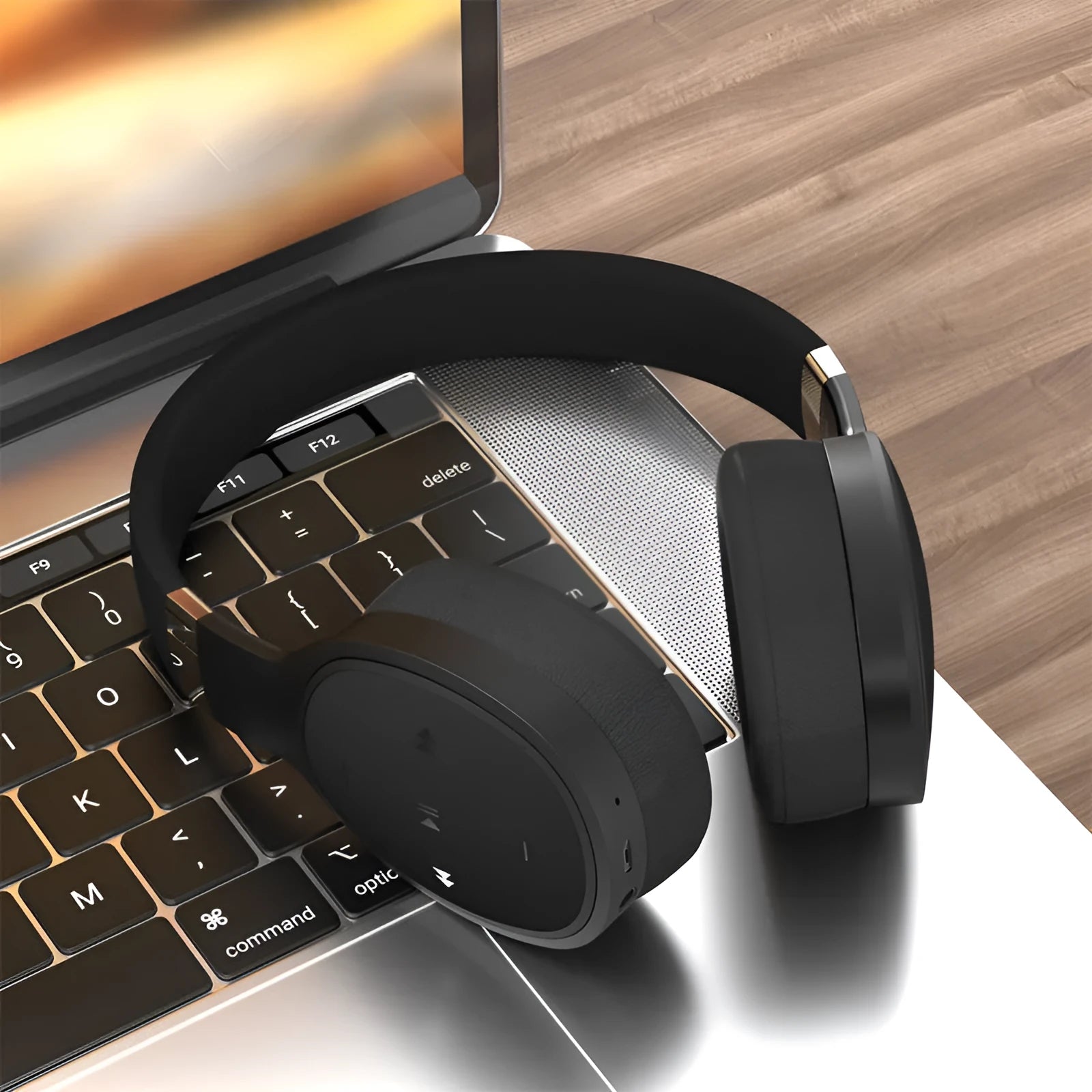 Folding wireless Bluetooth sports headset showing earcups in black colour option