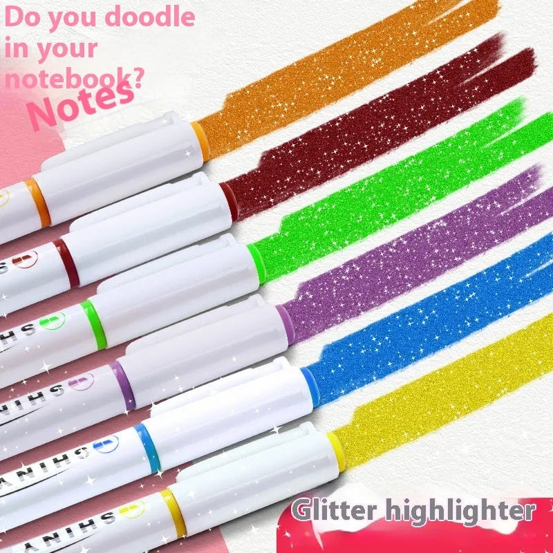 Set of four pastel glitter highlighter pens with slanted tips next to their coloured box.