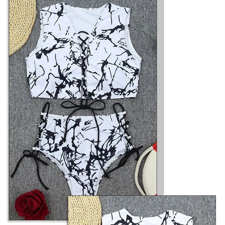 Ladies two-piece bikini set in black and white tie dye with chest pad, sizes S M L