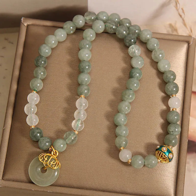 Oil green aventurine jade women's bracelet with double-layer design, crystal, rhinestones, and safety peace buckle