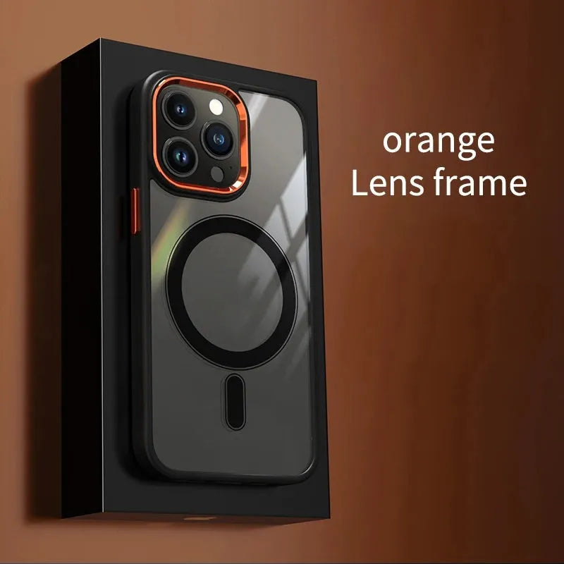 Magnetic iPhone case with acrylic cover and metal lens frame, black edge and red frame, for iPhone 11 to 15 Pro Max