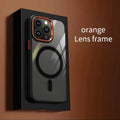Magnetic iPhone case with acrylic cover and metal lens frame, black edge and red frame, for iPhone 11 to 15 Pro Max