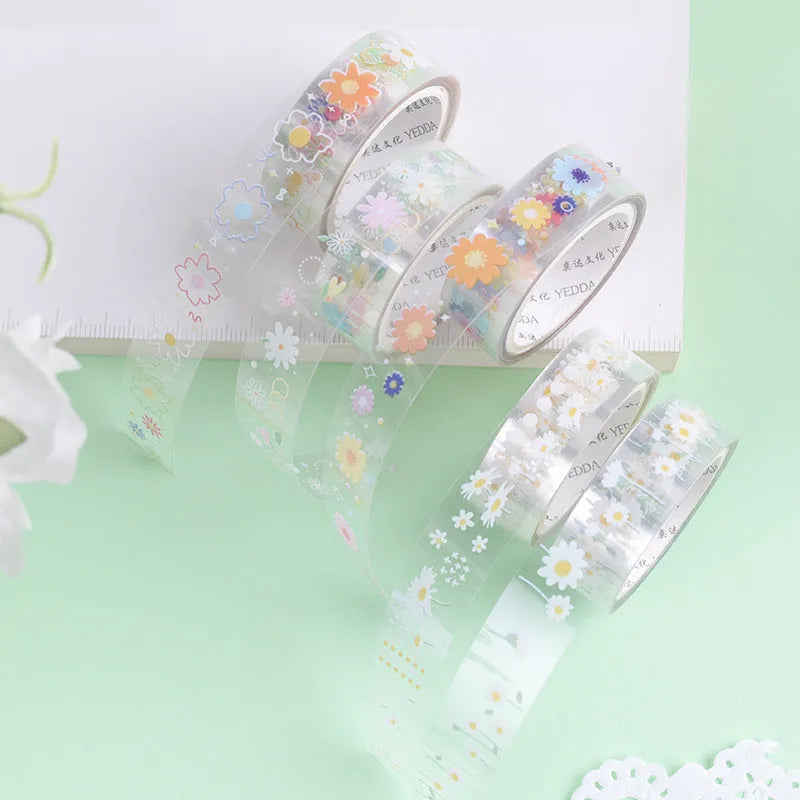 Transparent adhesive tape with colourful Midsummer Daisy cartoon pattern decoration on roll