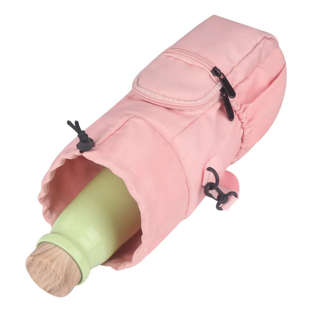 Cloth water bottle shoulder bag crossbody pouch in black, green, or pink.